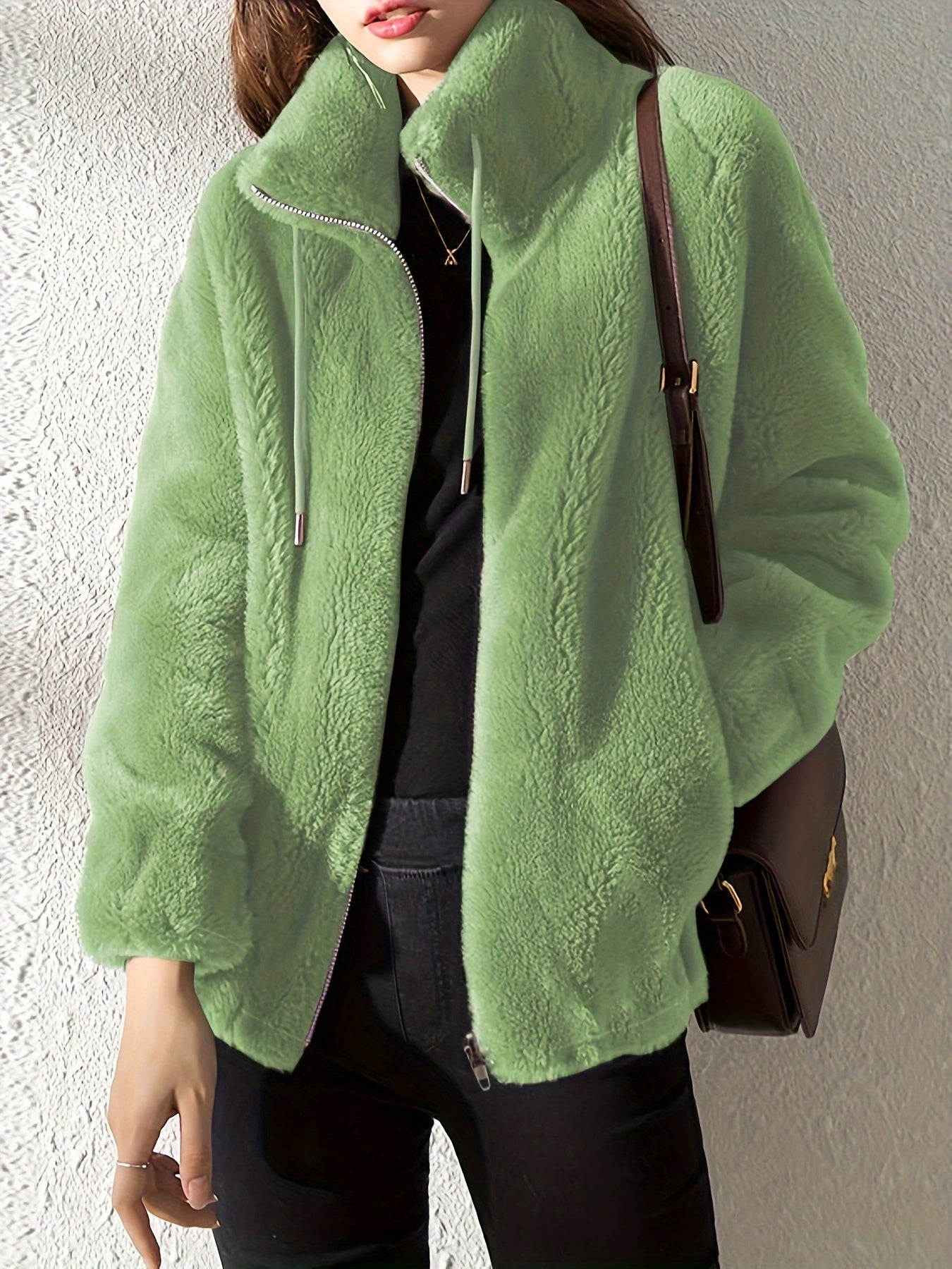 Solid Color Plush Zip-Up Knit Warm Casual Coat