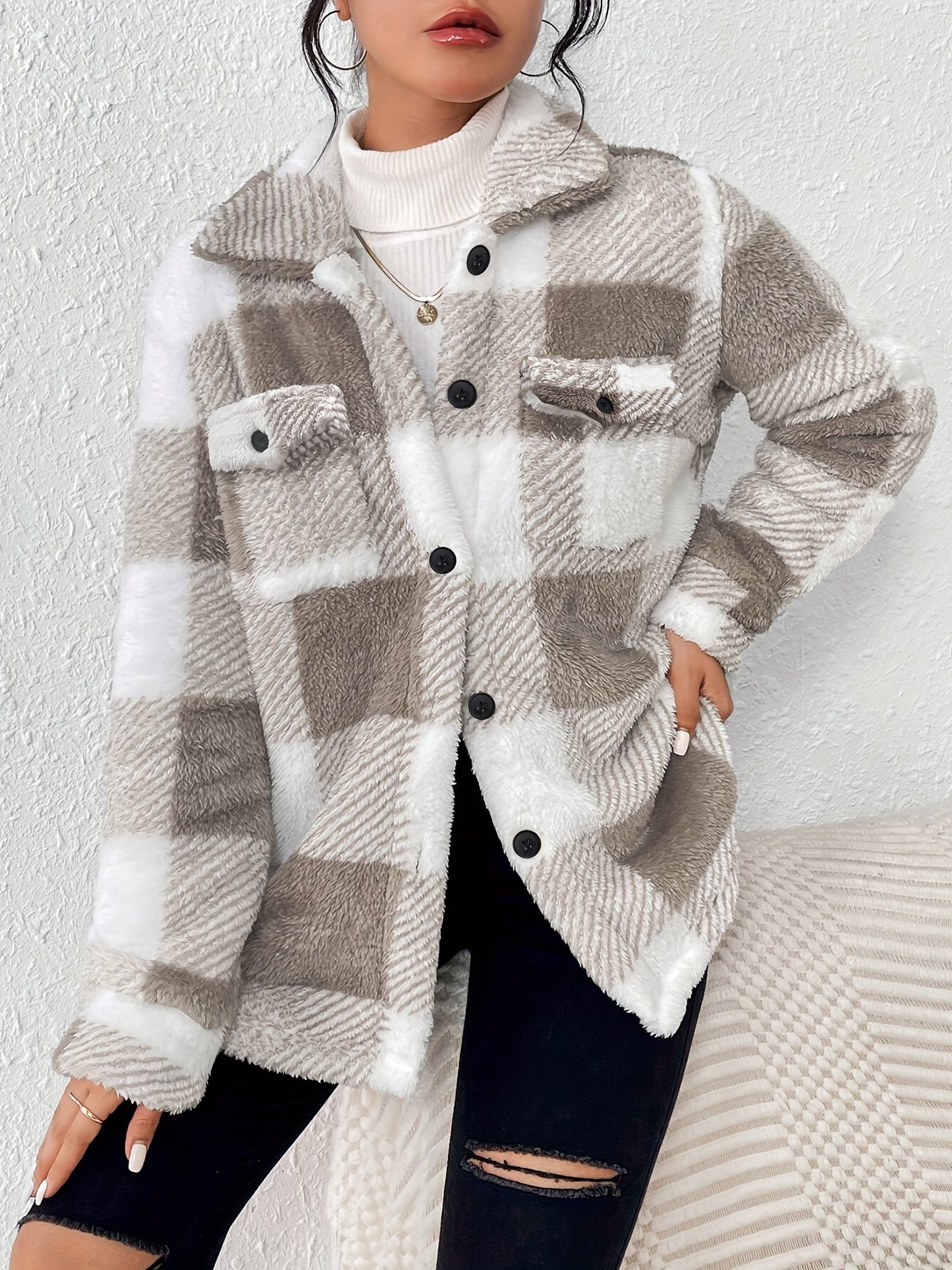Plush Plaid Winter Coat - High Stretch