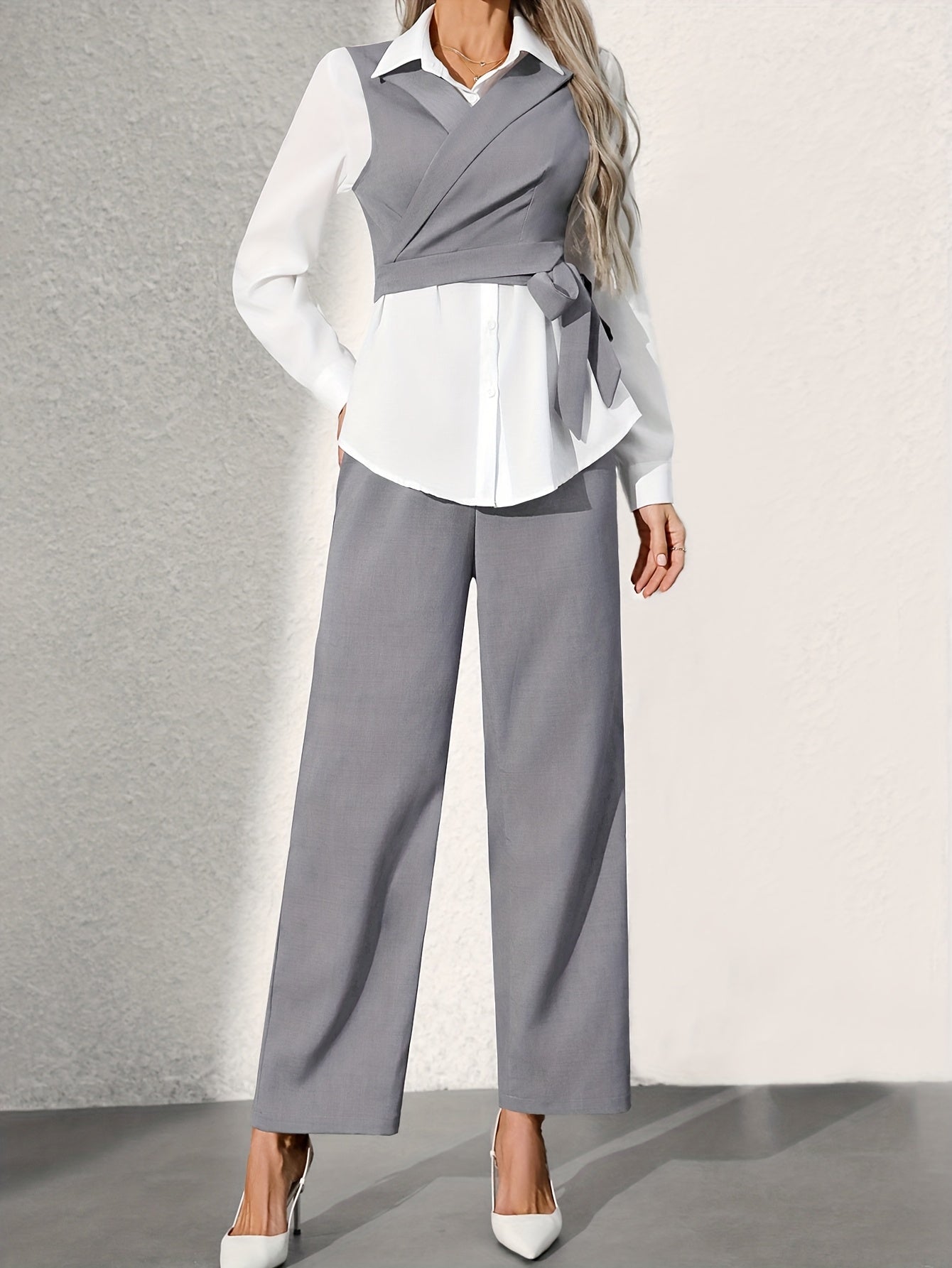 Solid Lapel Collar Pants Suit Set