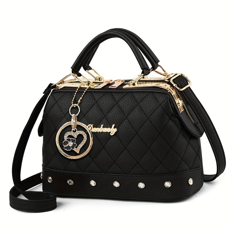 Black Quilted Boston Bag with Heart Charm