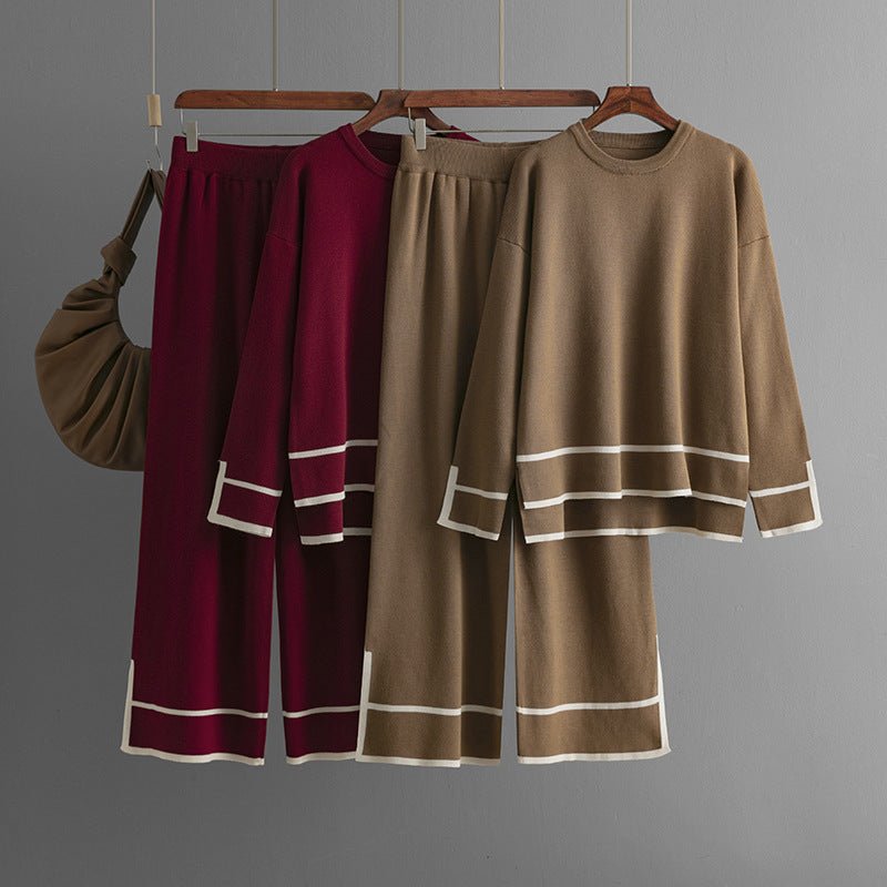 Contrast Slit Sweater & Wide-Leg Pants Set