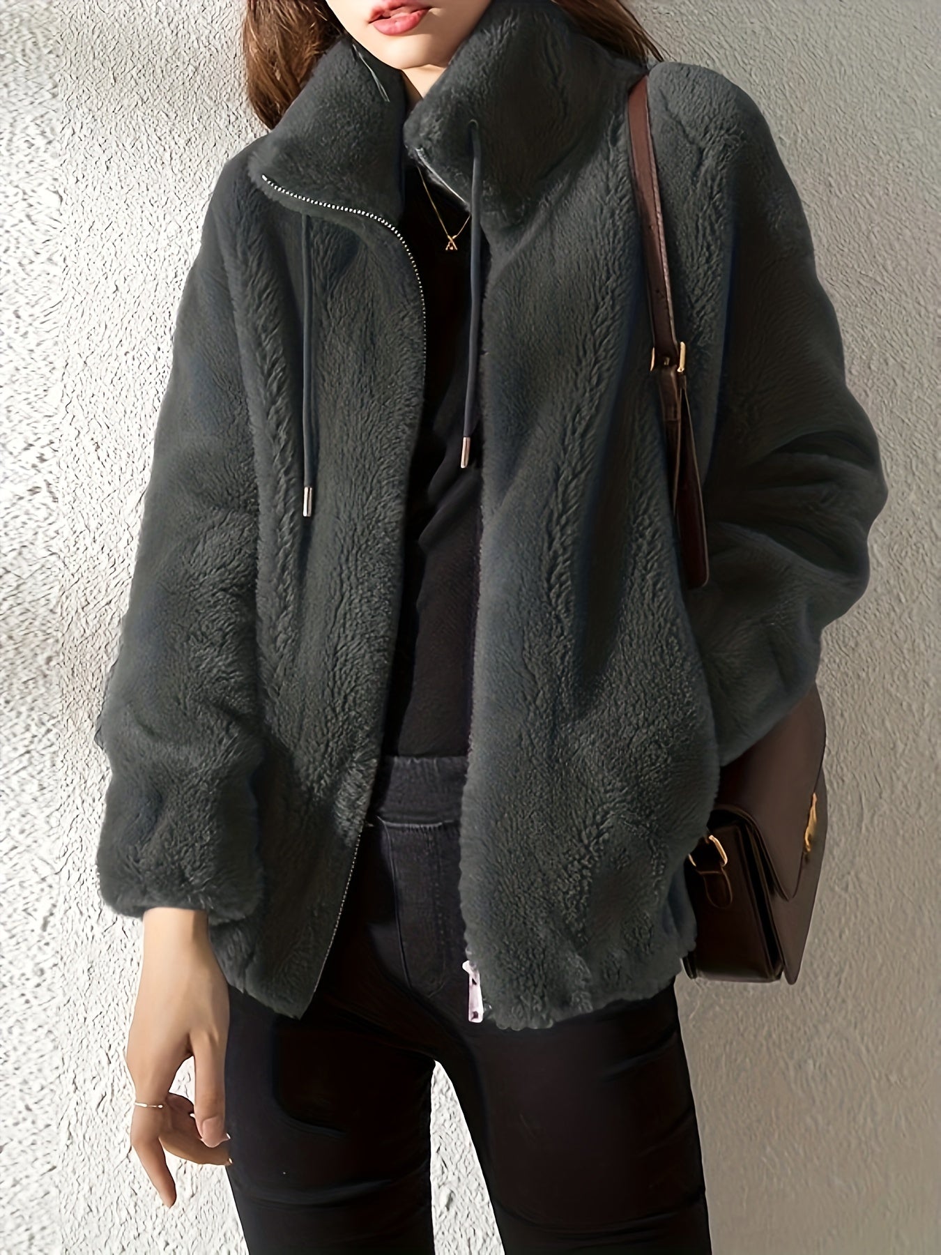 Solid Color Plush Zip-Up Knit Warm Casual Coat