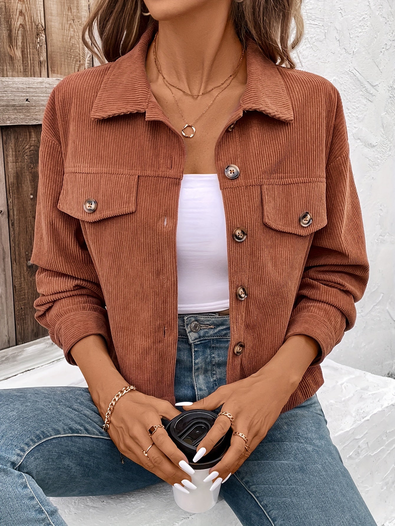 Chic Light Corduroy Button-Up Jacket with Ribbed Cuffs