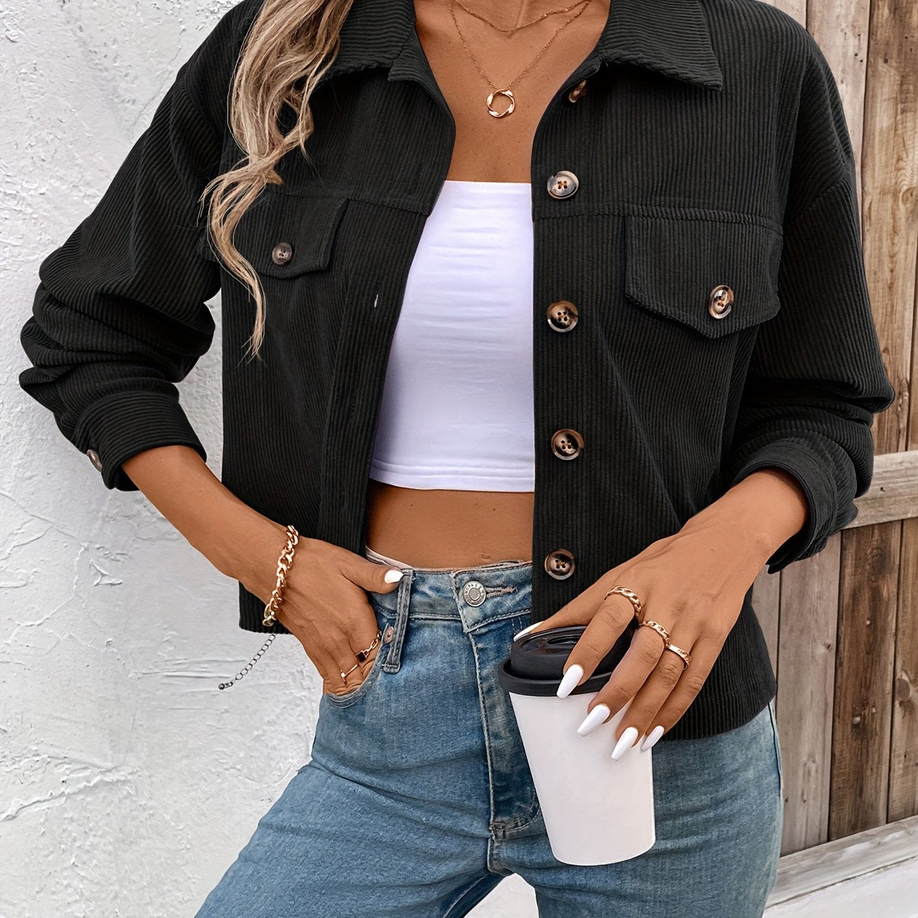 Chic Light Corduroy Button-Up Jacket with Ribbed Cuffs