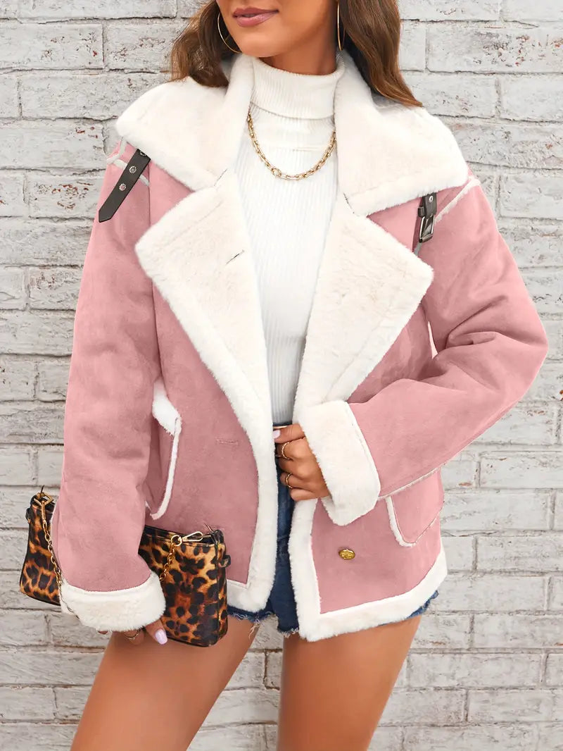 Soft Pink & White Lapel Jacket - Winter Coat