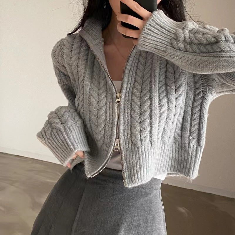 Double Zipper Twist Knit Cardigan