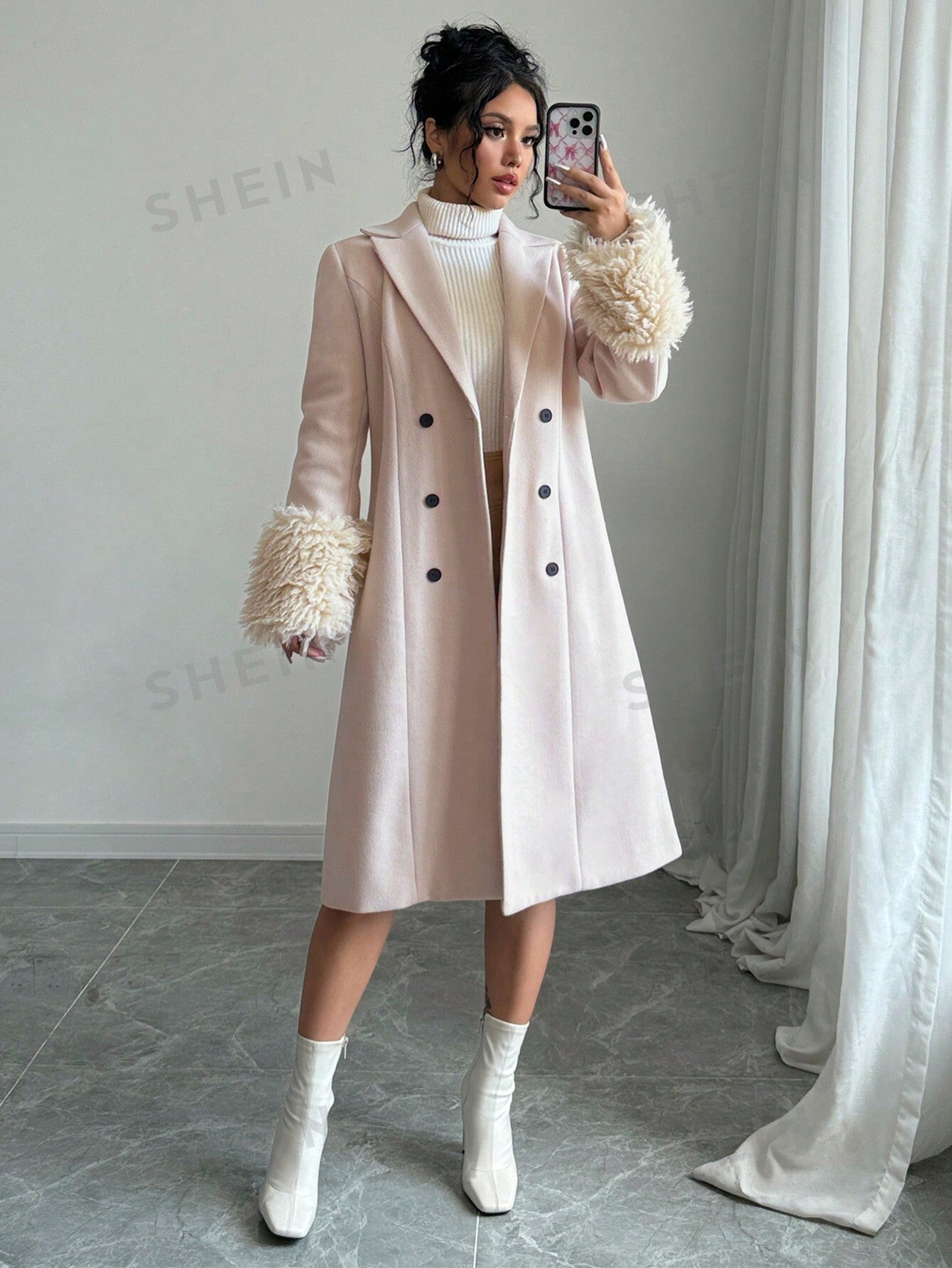 Elenzya Women's Furry Cuff Waist Wool Blend Coat