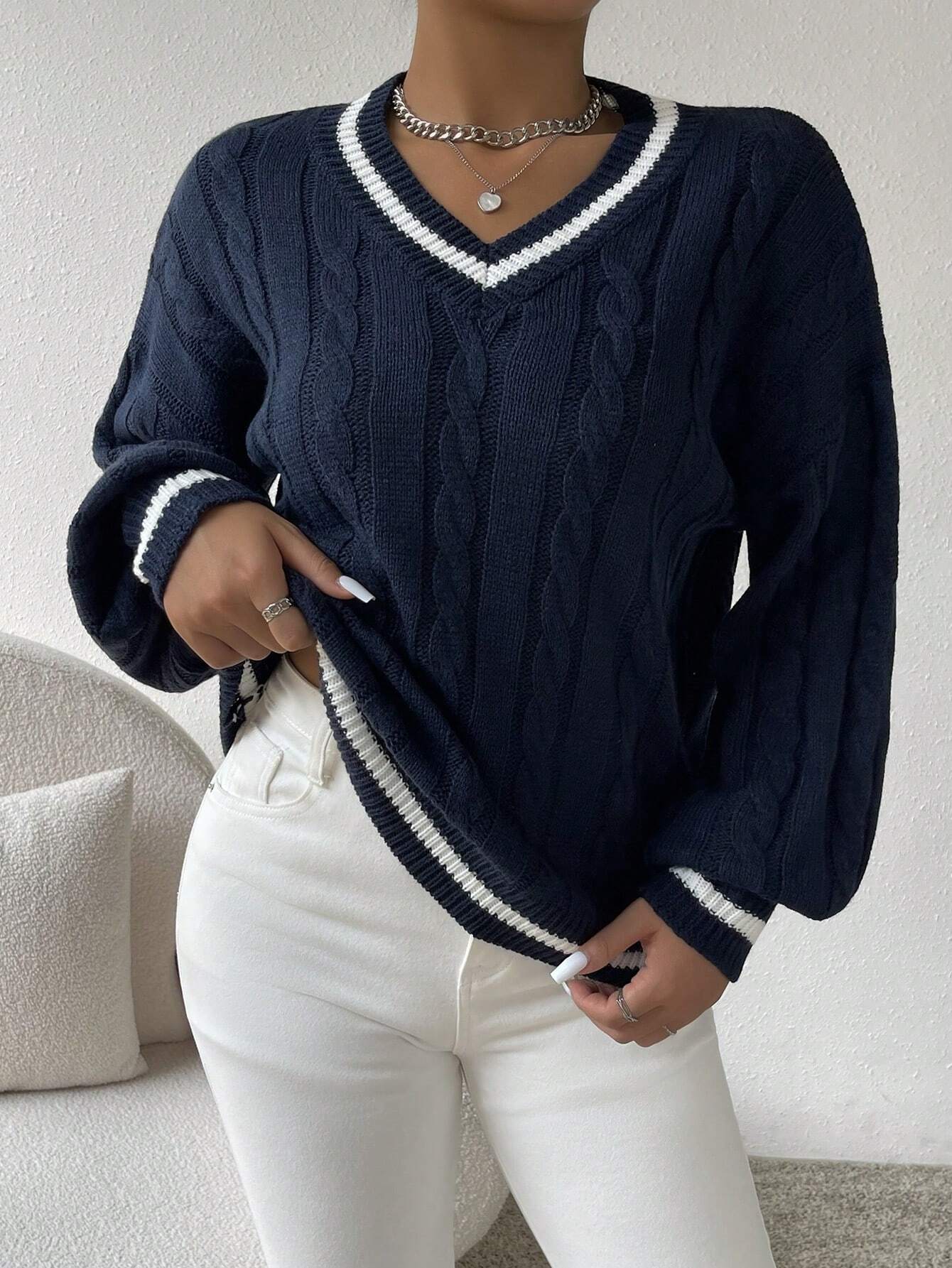 Striped Cable Knit Lantern Sleeve Sweater