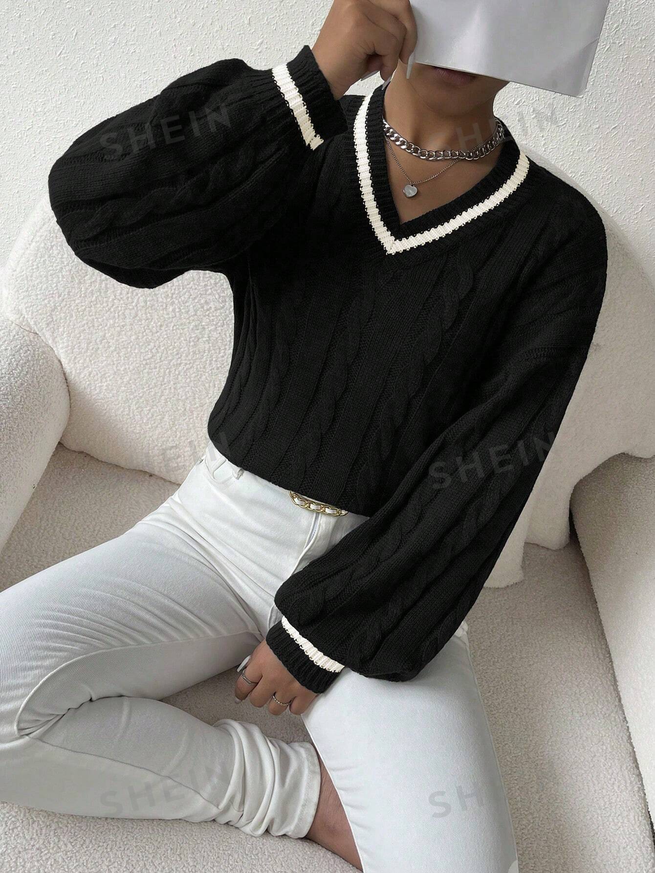 Striped Cable Knit Lantern Sleeve Sweater