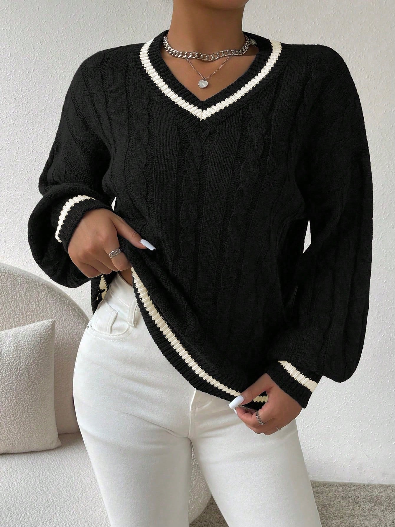 Striped Cable Knit Lantern Sleeve Sweater
