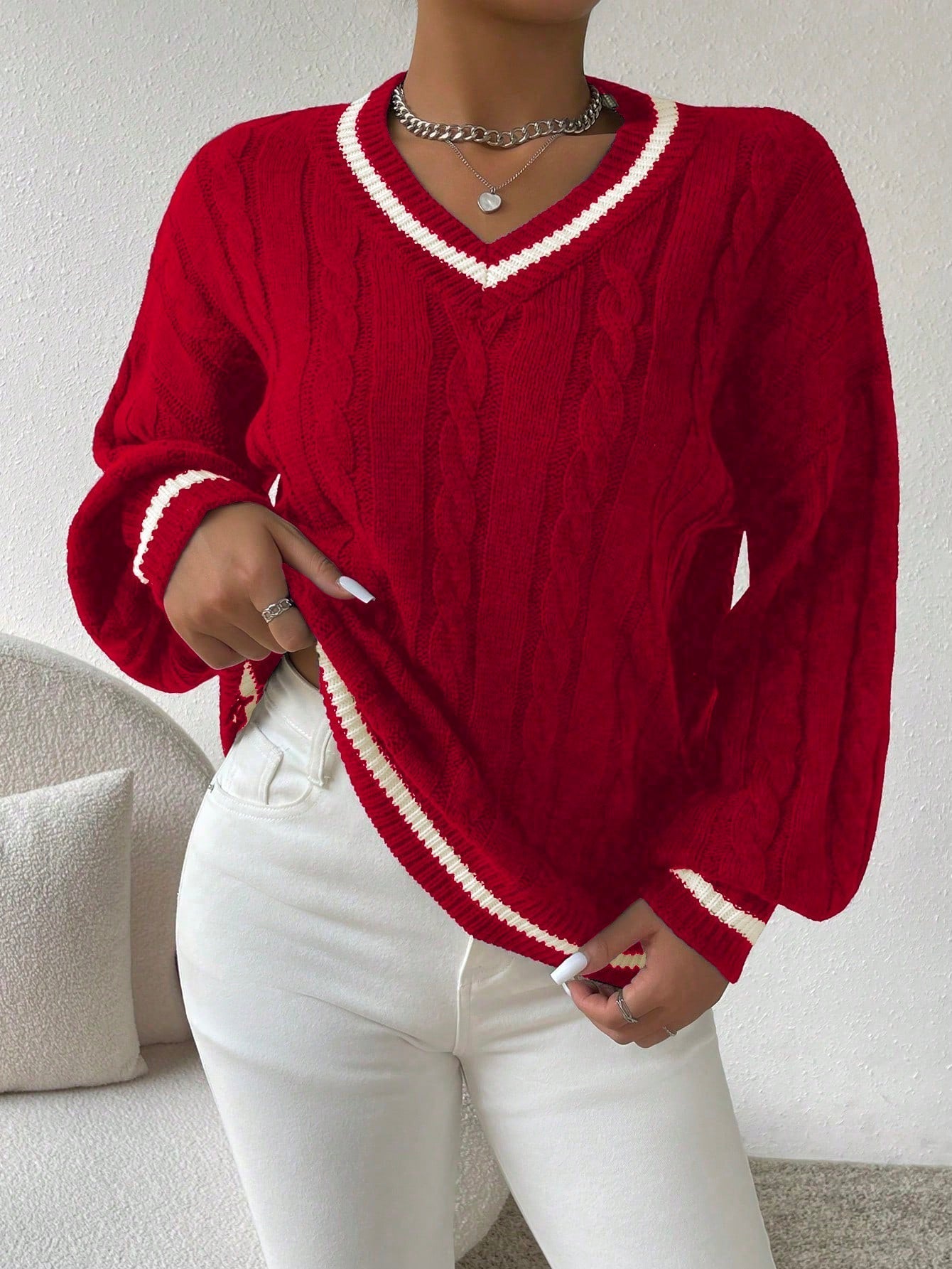 Striped Cable Knit Lantern Sleeve Sweater