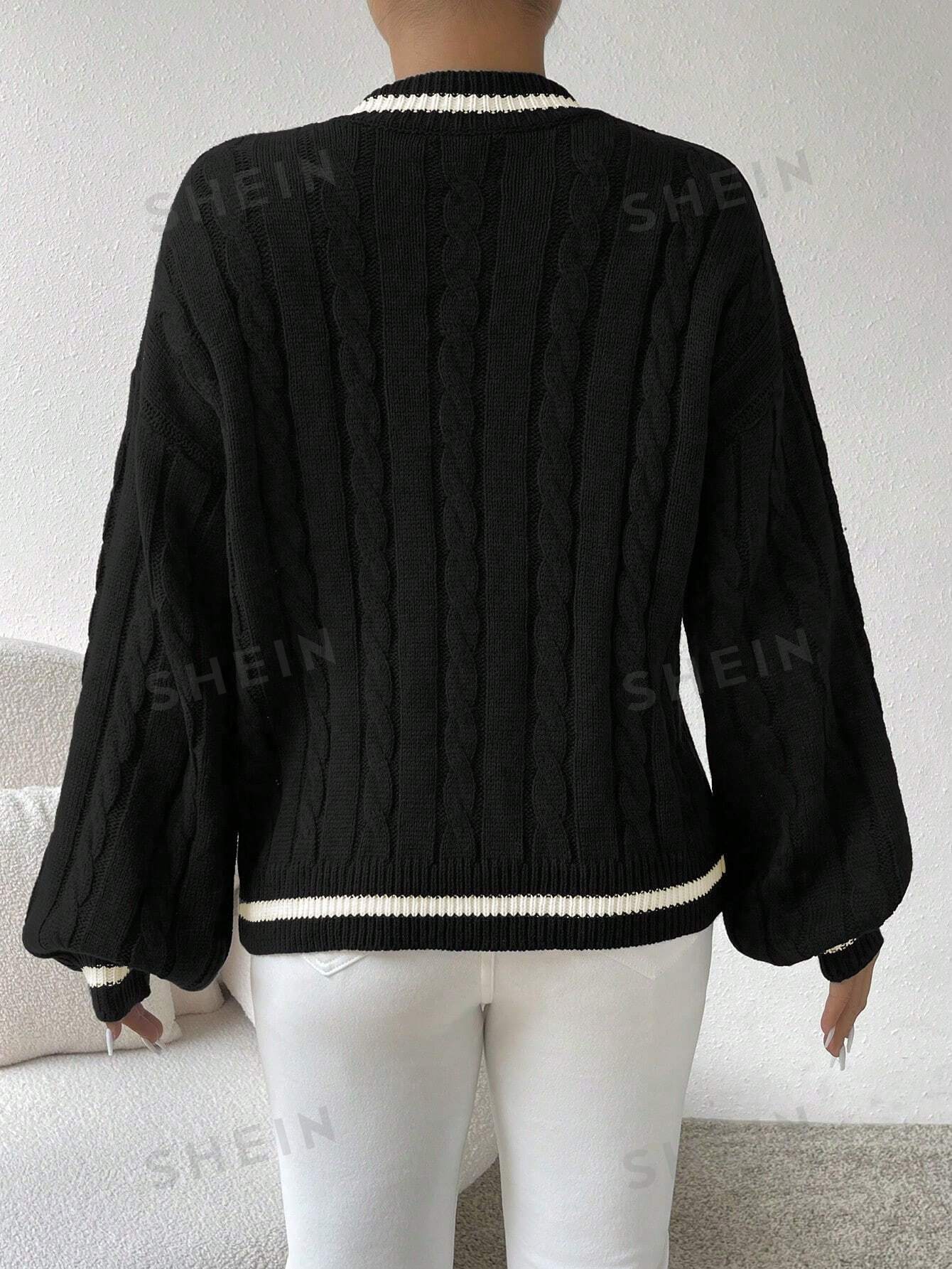 Striped Cable Knit Lantern Sleeve Sweater