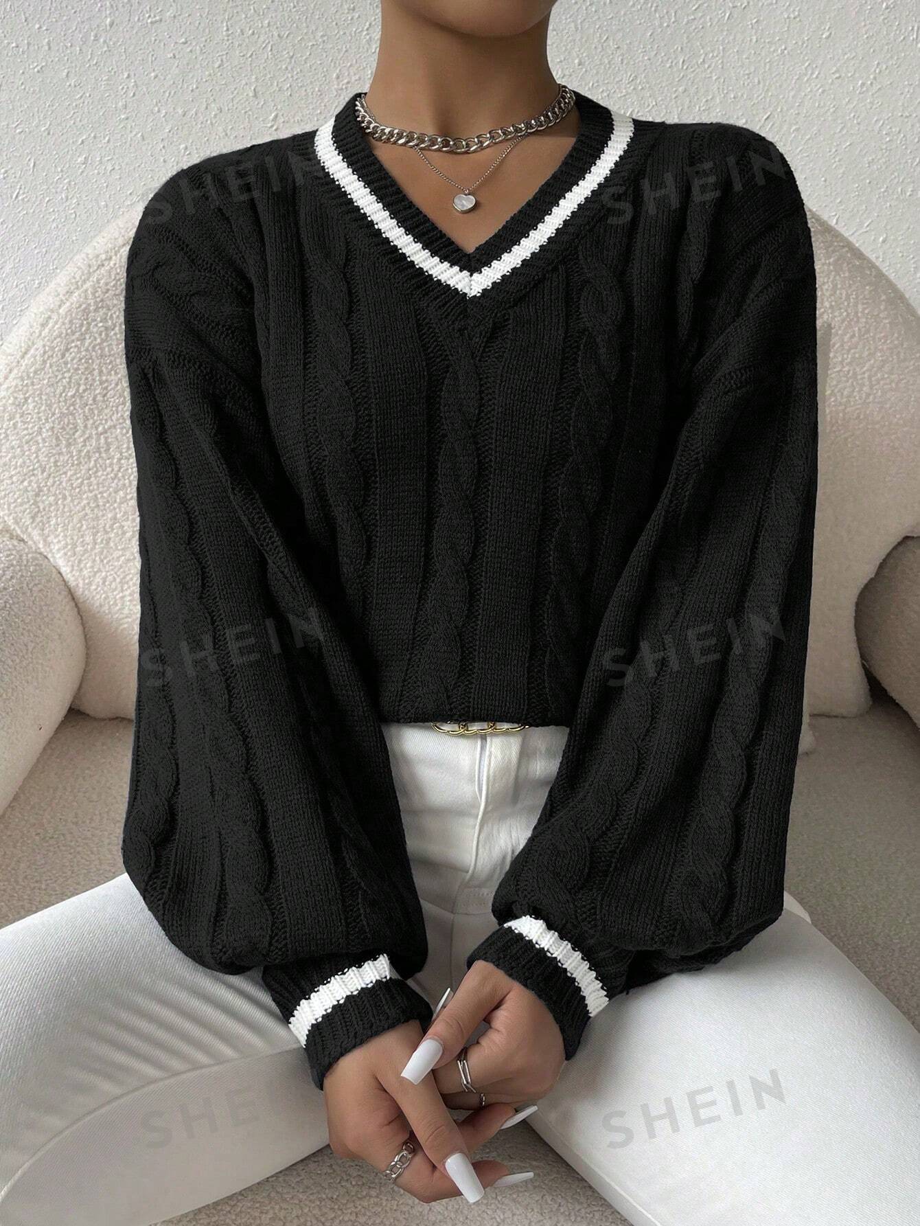 Striped Cable Knit Lantern Sleeve Sweater