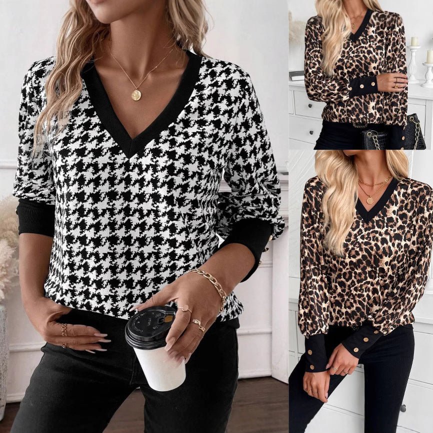 Printed V-Neck Long Sleeve T-Shirt