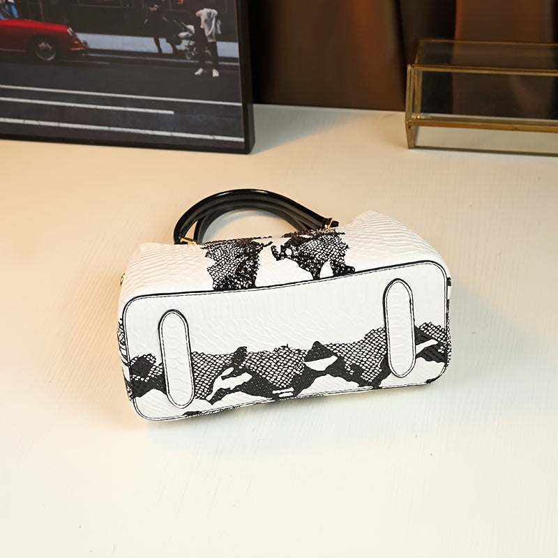 White Animal Print Handbag | Faux Snakeskin & Crocodile Pattern