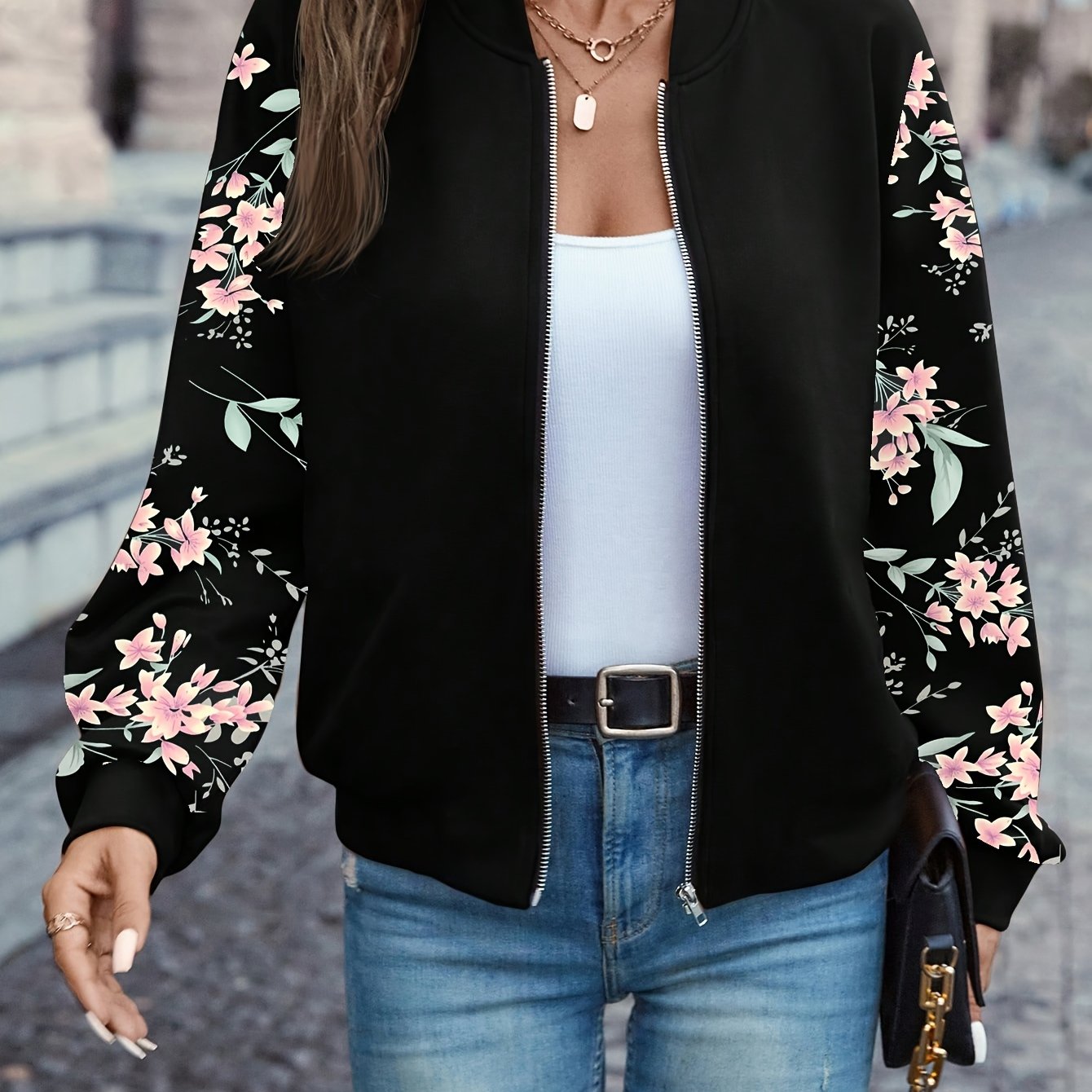 Elegant Floral Print Zip-Up Jacket | Baseball Collar