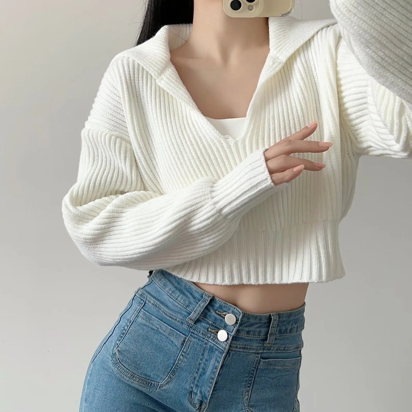 Four-Color Lapel Knit Pullover
