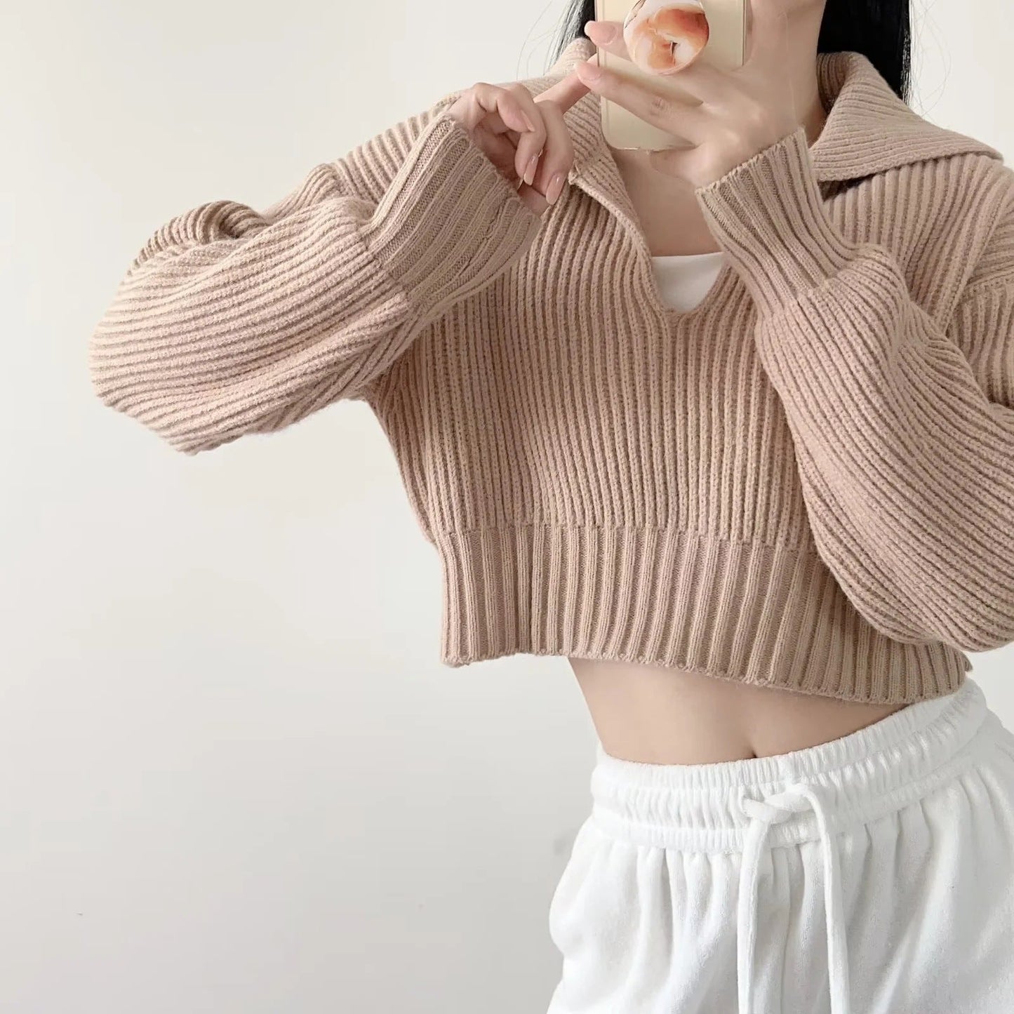 Four-Color Lapel Knit Pullover