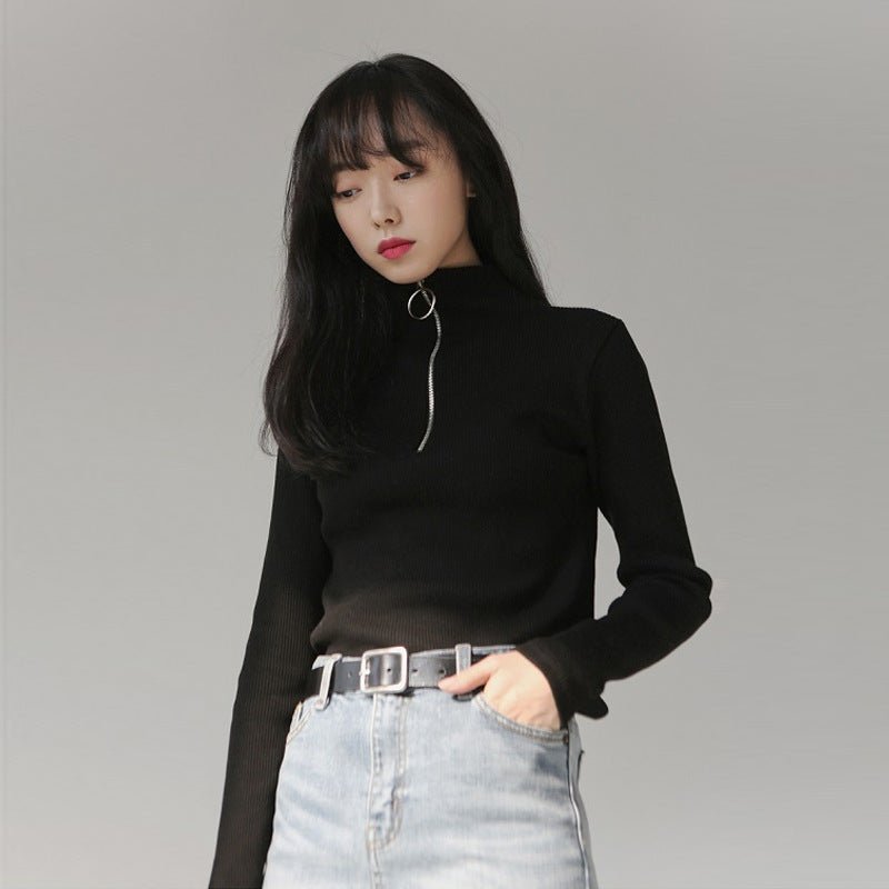 Slim Half-Turtleneck Ring Zipper Top