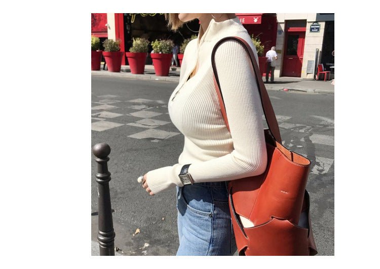 Slim Half-Turtleneck Ring Zipper Top