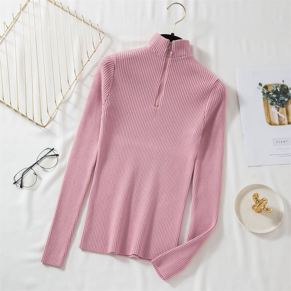 Slim Half-Turtleneck Ring Zipper Top