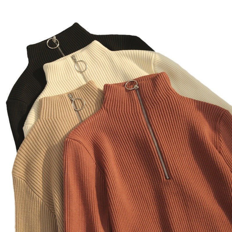 Slim Half-Turtleneck Ring Zipper Top