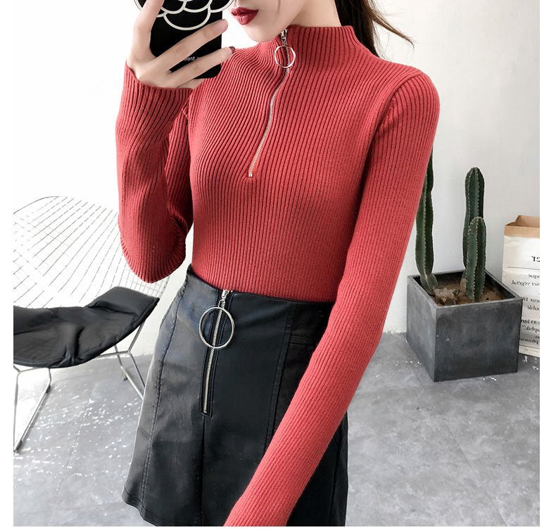 Slim Half-Turtleneck Ring Zipper Top