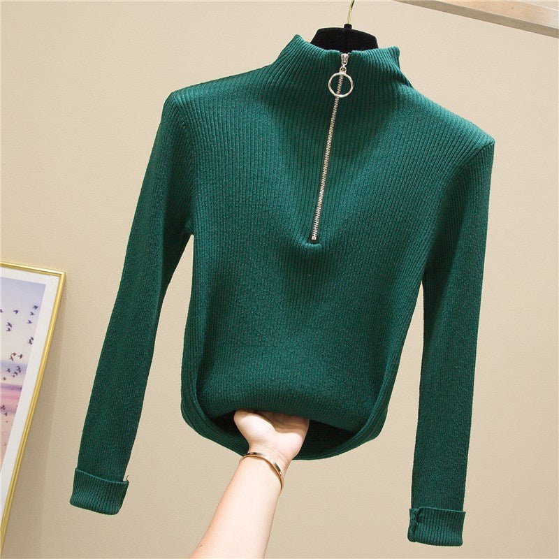 Slim Half-Turtleneck Ring Zipper Top