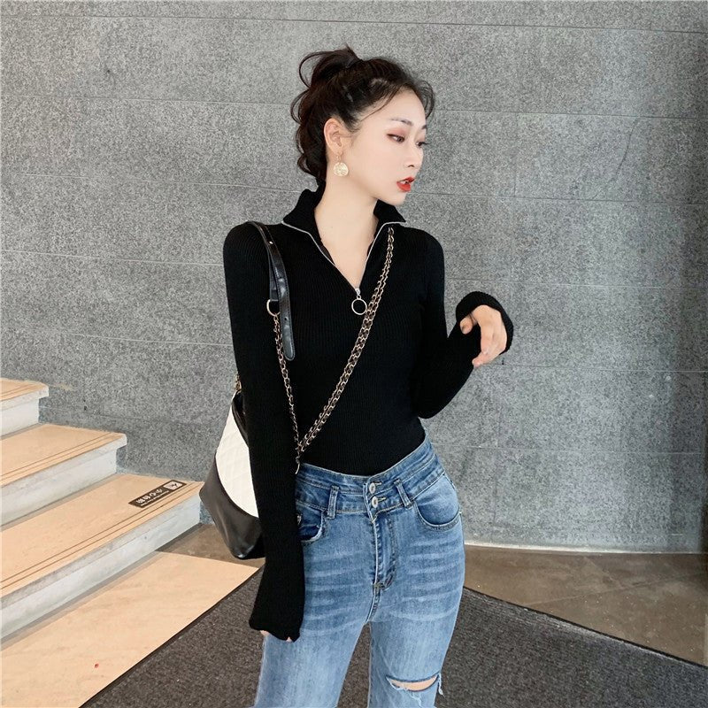 Slim Half-Turtleneck Ring Zipper Top