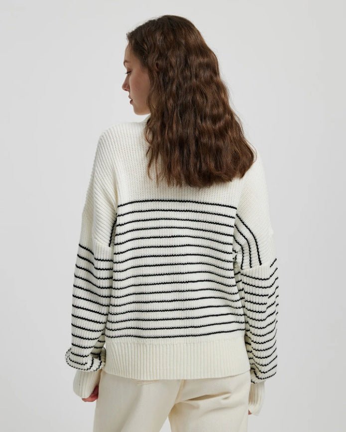 Striped High-Collar Zipper Pullover