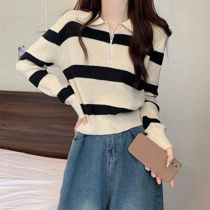 Loose Striped POLO Collar Pullover