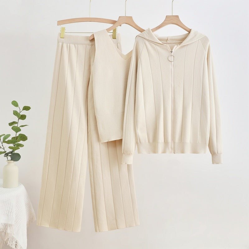 Knit Zipper Jacket, Vest & Wide Pants Set