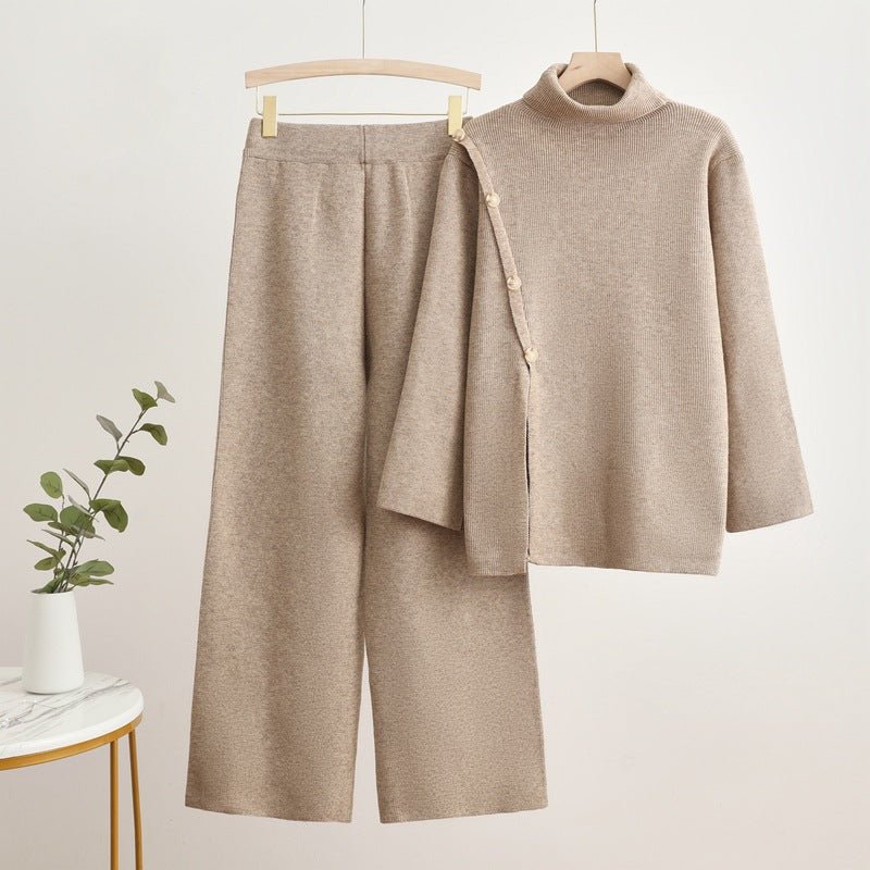 Turtleneck Button-Splice & Wide Pants Set