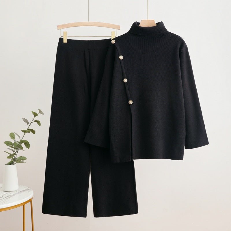 Turtleneck Button-Splice & Wide Pants Set