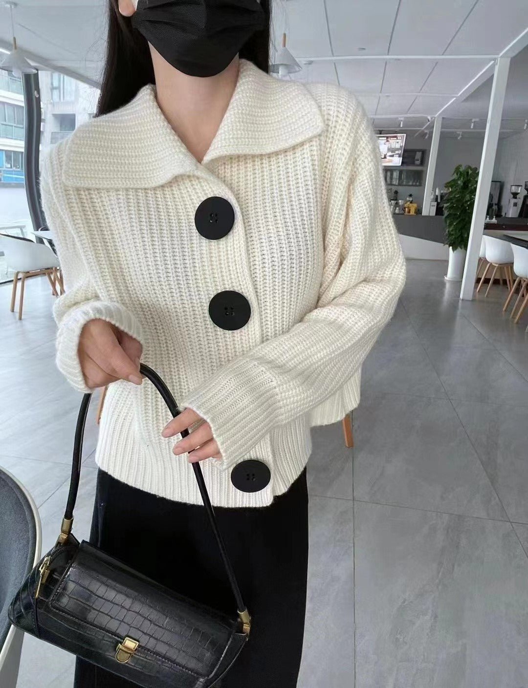 Loose Lapel Large Button Cardigan