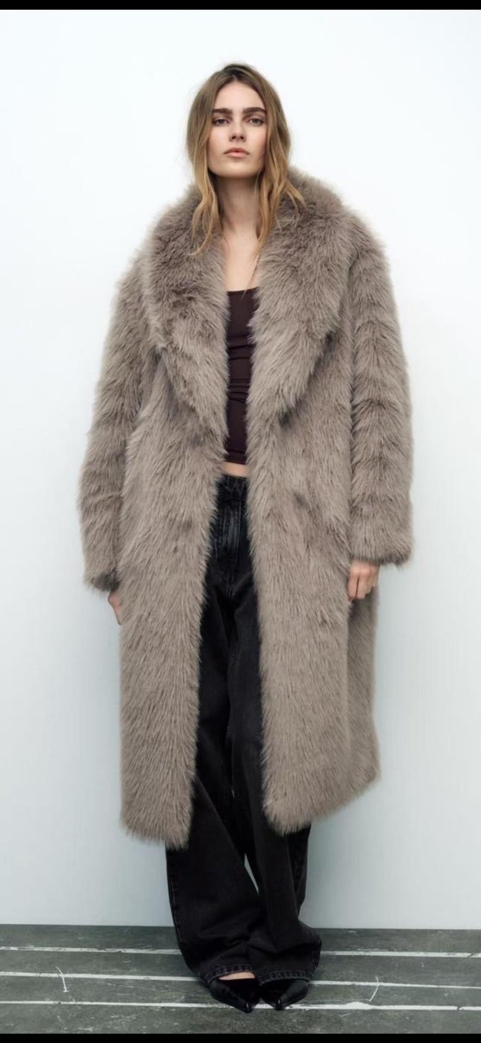 Wide-Collar Faux Fur Coat