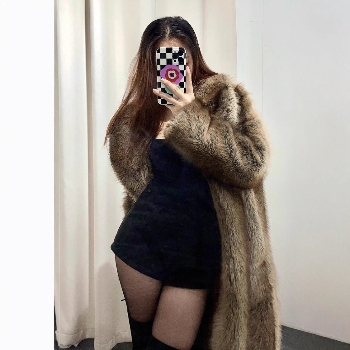 Wide-Collar Faux Fur Coat