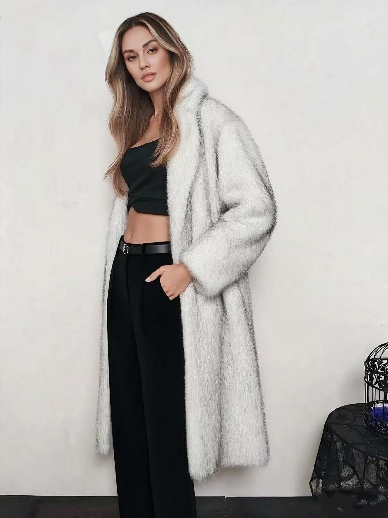 Wide-Collar Faux Fur Coat
