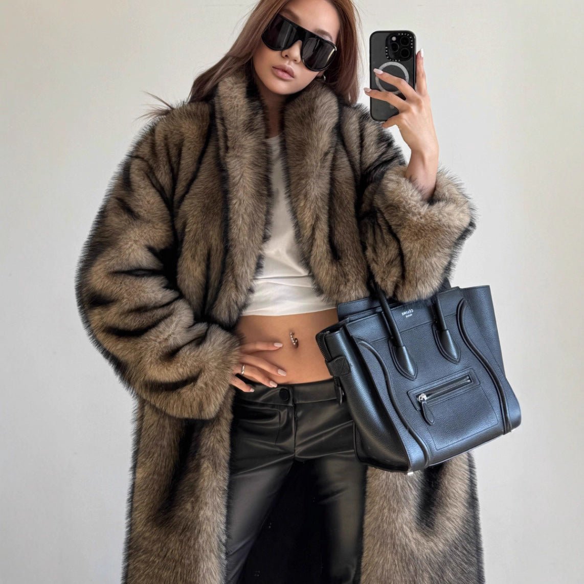 Wide-Collar Faux Fur Coat