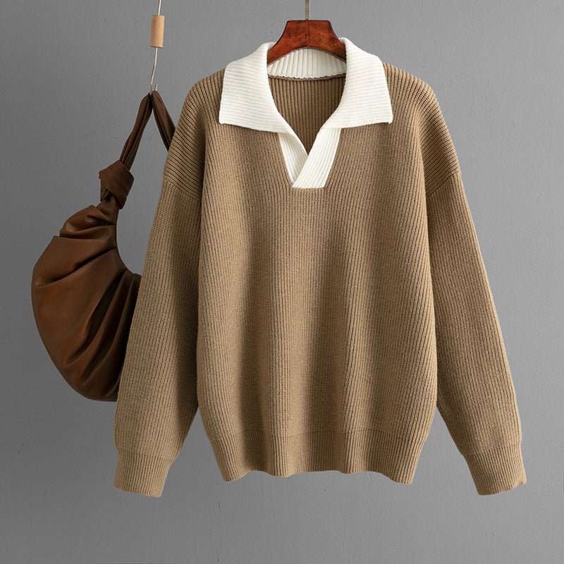 Loose Color-Block POLO Knit Pullover