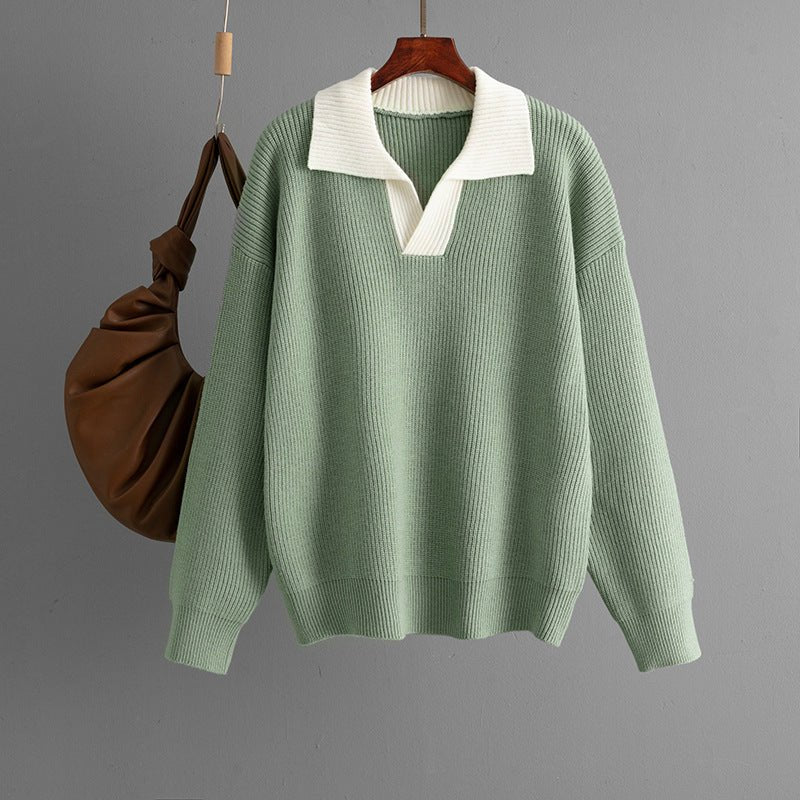 Loose Color-Block POLO Knit Pullover