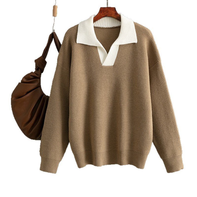 Loose Color-Block POLO Knit Pullover