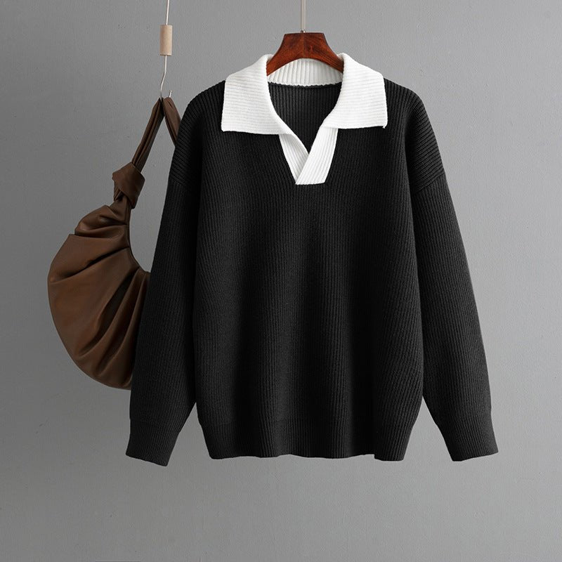 Loose Color-Block POLO Knit Pullover