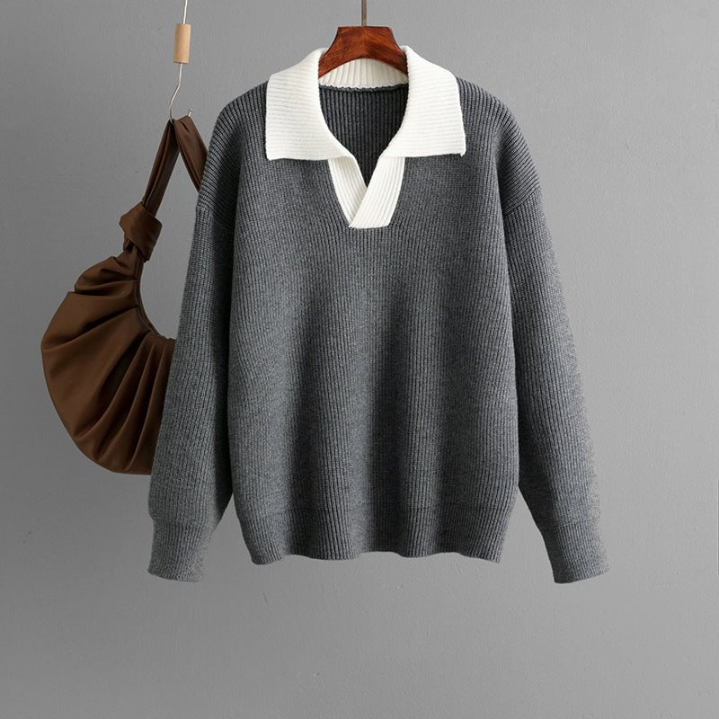Loose Color-Block POLO Knit Pullover