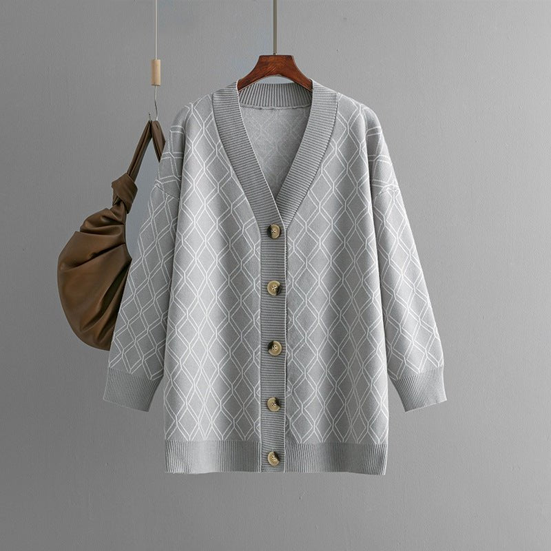 Loose Diamond Pattern V-Neck Cardigan