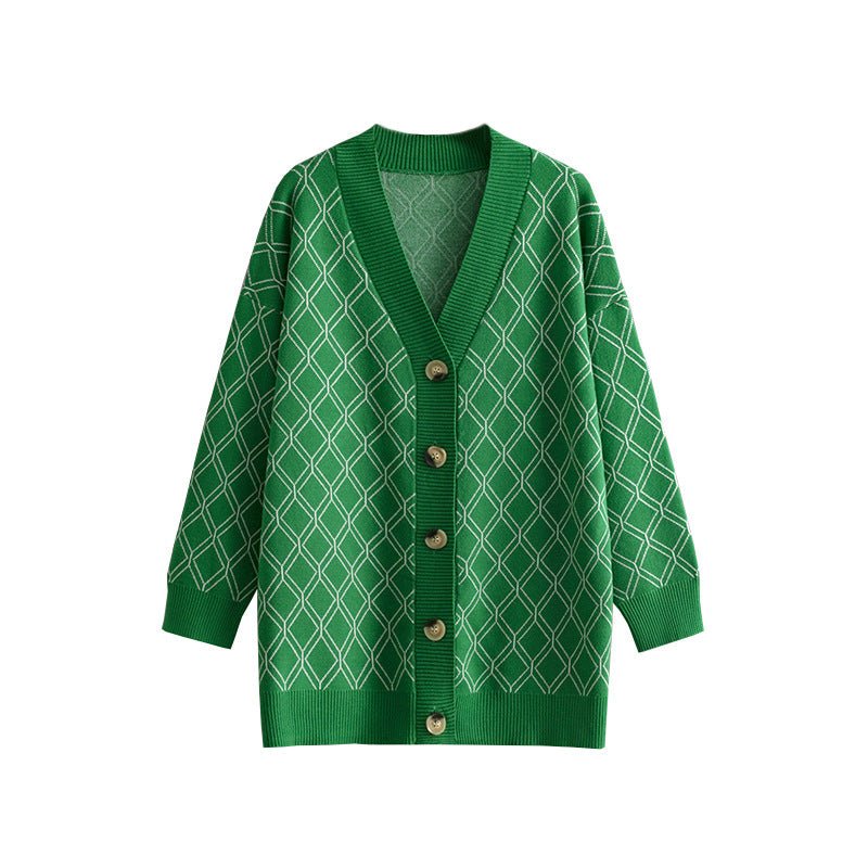 Loose Diamond Pattern V-Neck Cardigan