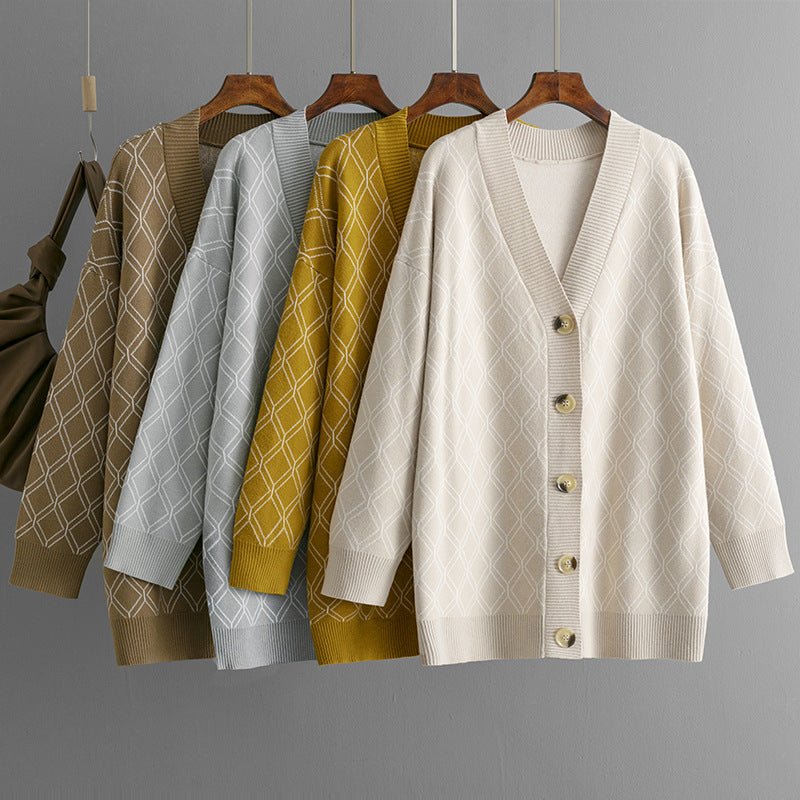Loose Diamond Pattern V-Neck Cardigan