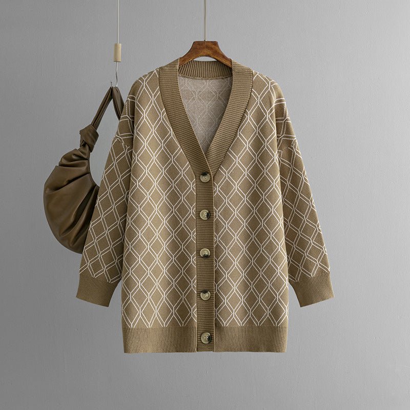 Loose Diamond Pattern V-Neck Cardigan