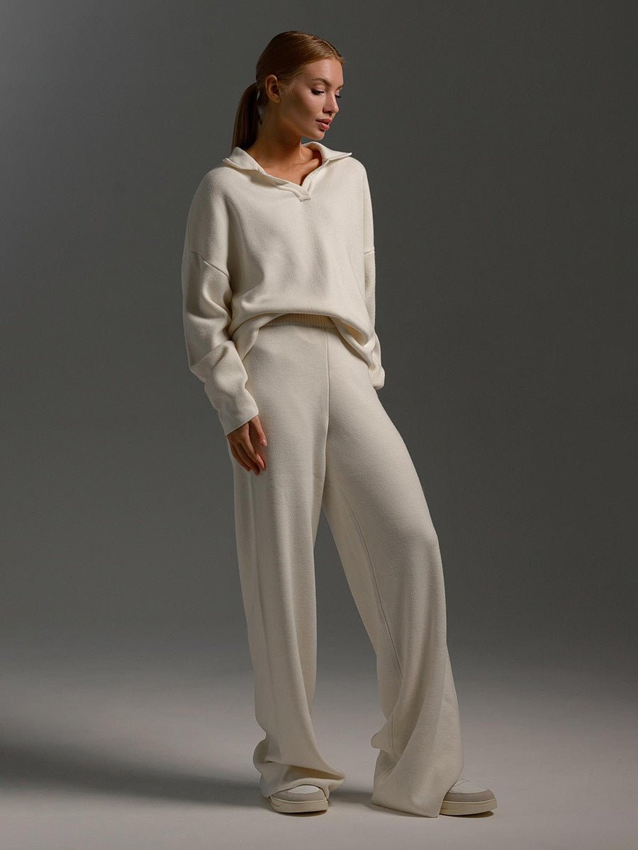 Polo Collar Knit Pullover & Wide Trousers Set