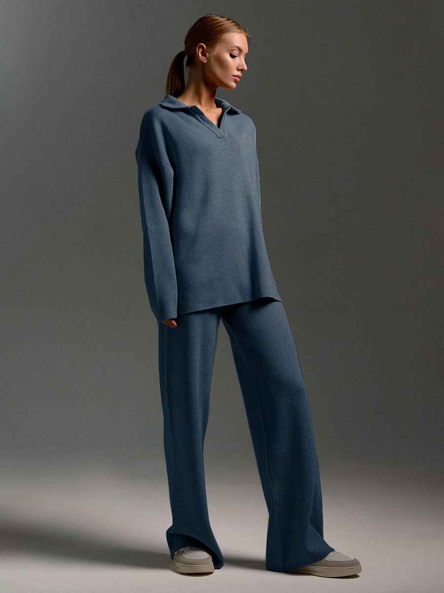 Polo Collar Knit Pullover & Wide Trousers Set
